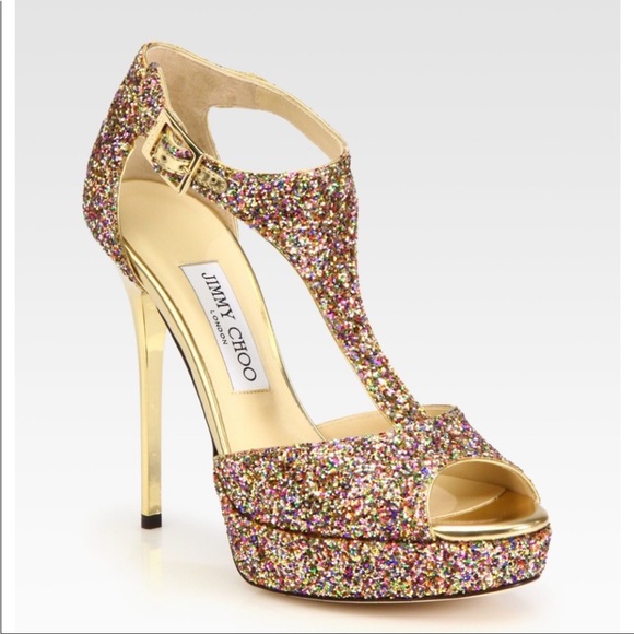 Jimmy Choo Shoes - JIMMY CHOO Totem T Strap Ankle Buckle Heel Coarse Glitter Gold Multi Size 41